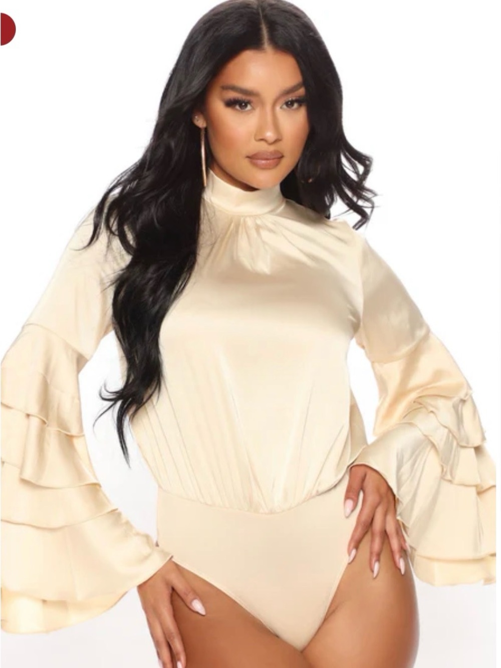 Fashion Nova Cream Satin High-Neck Ruffle Sleeve Bodysuit